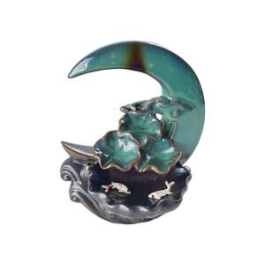 Ceramic Backflow Incense Burner Crescent Moon Lotus Waterfall Koi Fish Blue